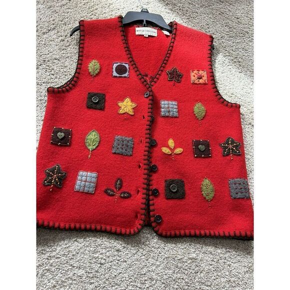 Marisa Christina Christmas Vest 100% Wool Red Patchwork Size Medium. - Picture 6 of 8